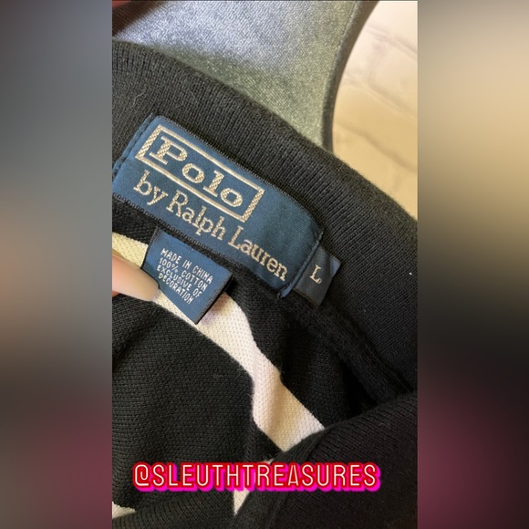 Ralph Lauren Polo Shirt Men's Large Black White Striped Casual Preppy Rugby - Picture 5 of 5